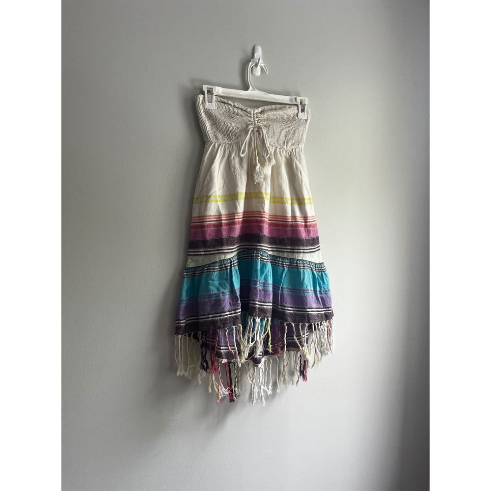 Billabong Womens Strapless Smocked Fringe Dress Skirt Multi Color Striped Boho S